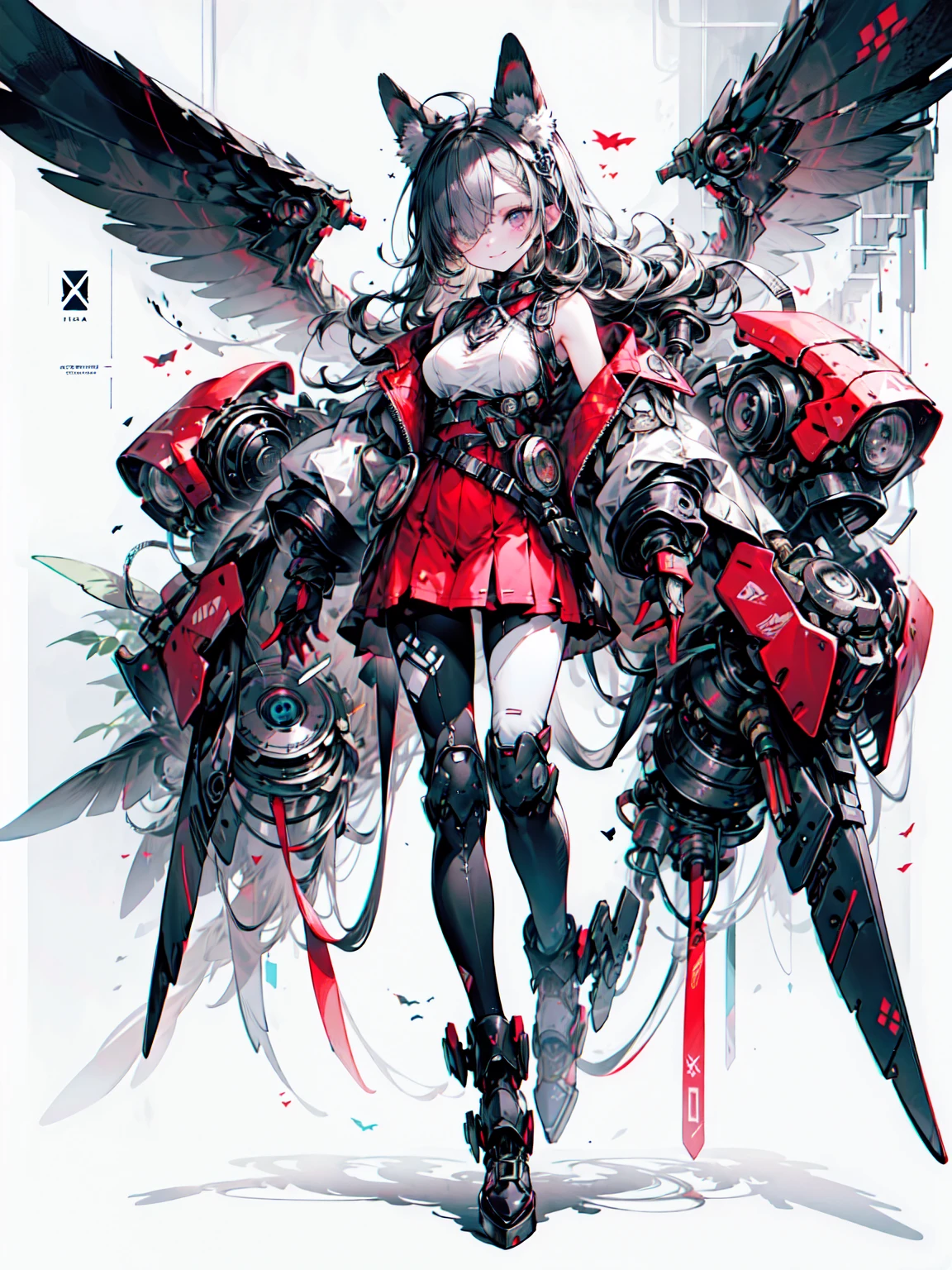 Owl Ears, Wings, Wings, nail, Mechanic, Mechanical body,, ultra detailed, masterpiece, Best Quality, Midea, detailed,, Alone, 得意げなsmile, One girl, Purple eyes, red-framed eyewear, (Black Hair, Red chip:1.2), Red striped hair, Long Hair, Side Ponytail, Hair tied up, Medium Breast,, Dataset, Jacket on shoulders, Coat on shoulders, Red dress, Roll up your sleeves , belt, multiple belts, Combat Boots, Bulletproof vest, pants, Black coat, Tactical clothing,Blake、（Dark Elf), (1 girl), Alone, Perfect Face, Get used to it, Ahoge, ((Long Hair:1.2)), (Hair above one eye:1.3), [[Messy Hair]], Shiny Blonde, Purple eyes, Colorful eyes, Colorful Hair, Shining Eyes, (eyelash, Eyeshadow, pink Eyeshadow), bright, smile, Design Art：Haruhiko Mikimoto, Kawasaki, Yoshitaka Amano
