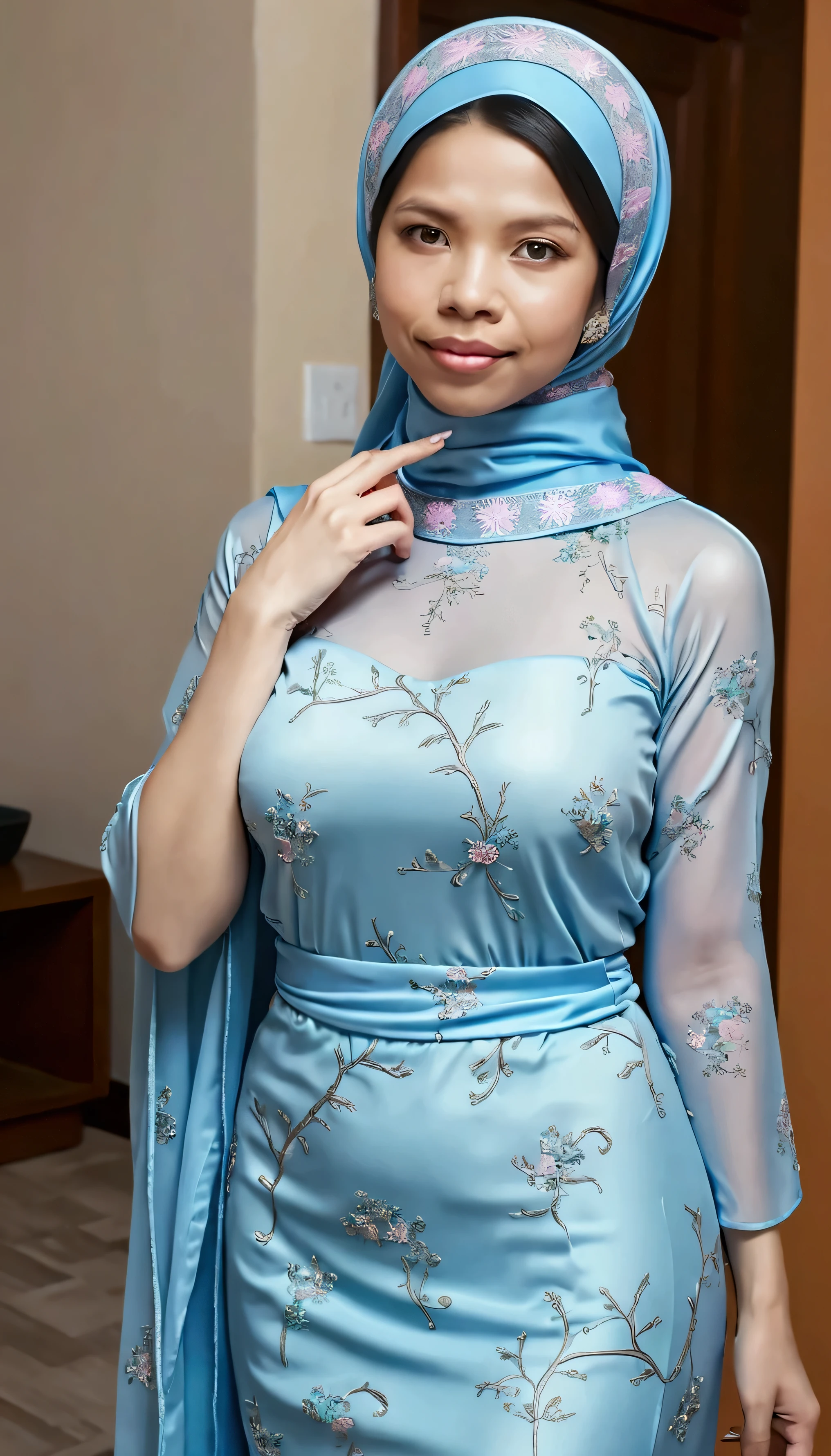 arafed woman in a blue dress and hijab poses for a picture, wearing a blue qipao dress, in a blue qipao, ao dai, cheongsam, portrait shot, pastel blue, beautiful oriental woman, soft silk dress, blue silk dress, chinese dress, pale blue, closeup portrait shot, closeup shot, chiffon, close up portrait shot