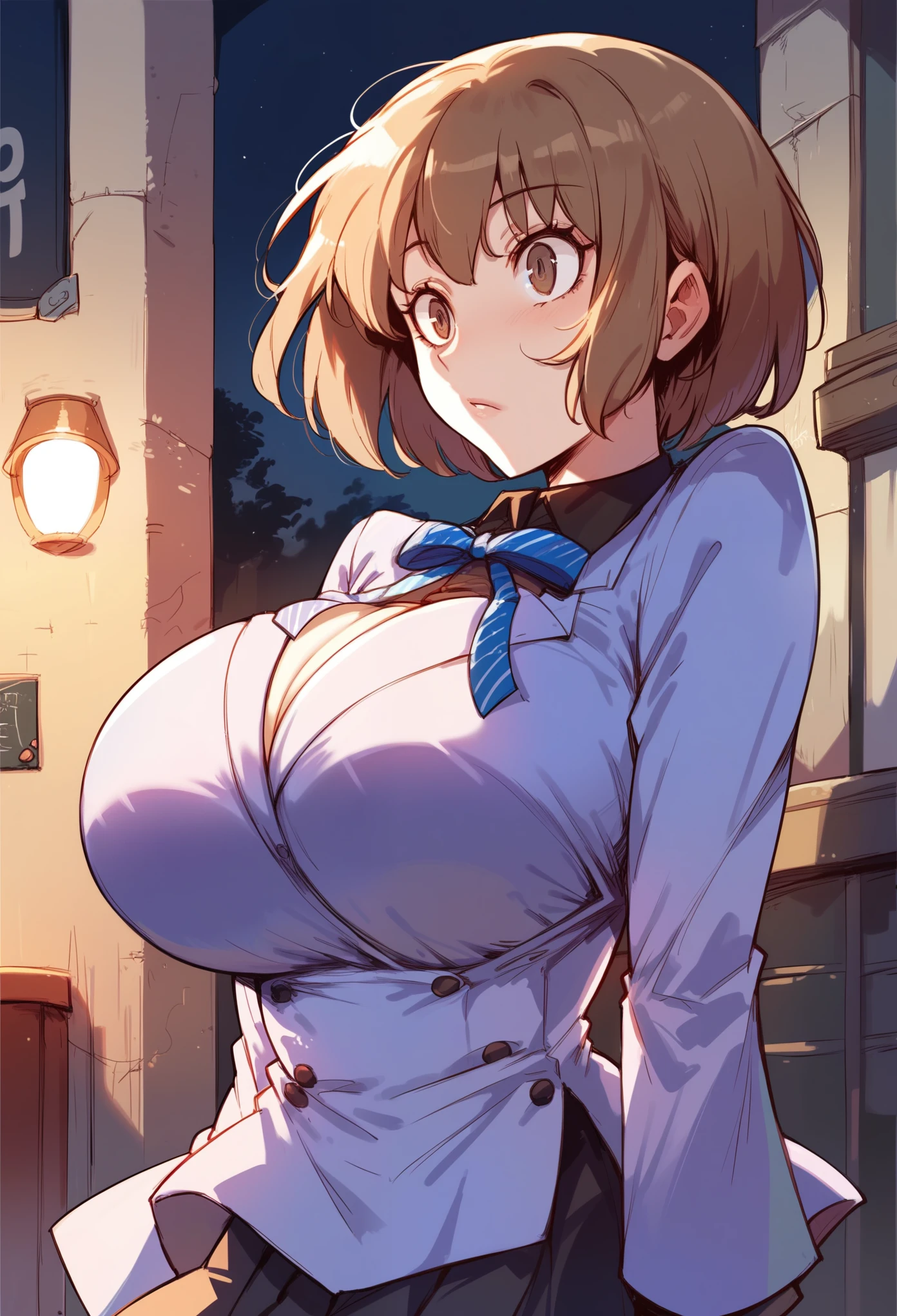 source anime,iodesu2,school uniforms,short hair,brown hair, brown eyes, school uniform, ribbon, collared shirt, black skirt,(large breasts:1.4),clothed,Clothed Big Tits,Good growth,Healthy Body,full bust,busty,(Beautifully shaped breasts:1.1) ,(round breasts),((slender)),toned ,(Skinny Body:1.4),((perfect body)),(breast focus),indoors,bedroom,random situation,night,outdoors