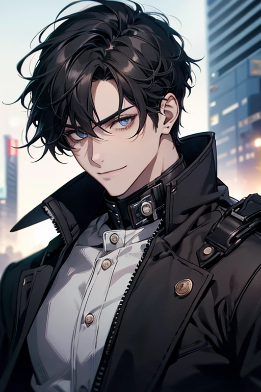 (A boy in a cyberpunk setting, black hair, short stylish hair, full figure, no beard, beautiful and detailed eyes, clear eyes, warm smiling, sexy looking, colorful, love atmosphere, pretty face, an elegantly dressed man with an irresistible charm, an elegant and sophisticated man, smooth, a gentle man with a sophisticated air, an outstanding person who shows impeccable taste and character, best quality, 4k, 8k, highres, masterpiece:1.2, ultra-detailed, realistic:1.37, photo-realistic, HDR, UHD, studio lighting, ultra-fine painting, sharp focus, physically-based rendering, extreme detail description, professional, vivid colors, bokeh)