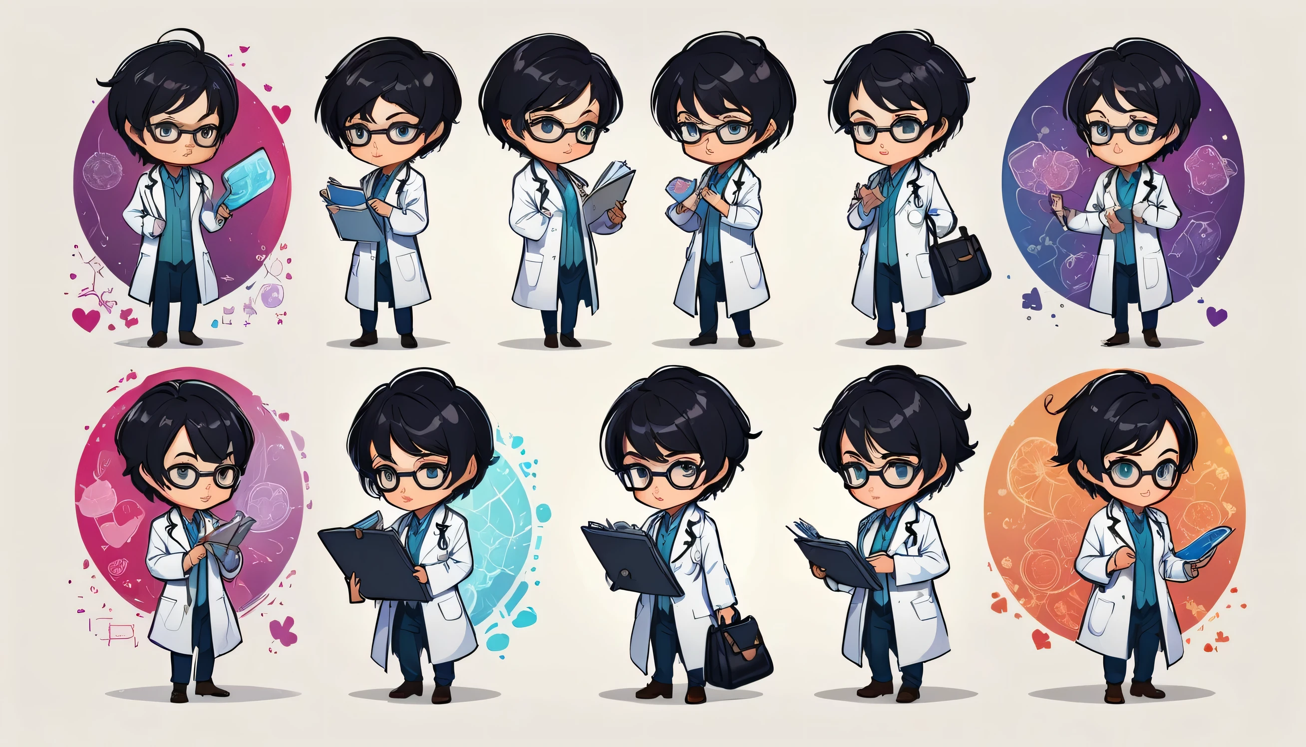 chibi style illustration magical doctor with short hair,black hair. who wore glasses, man and a lab coat, putting her hand into her bag, detailed   character sheet, multiple poses, multiple angles line stamps, 40 divisions, funny , various poses and expressions