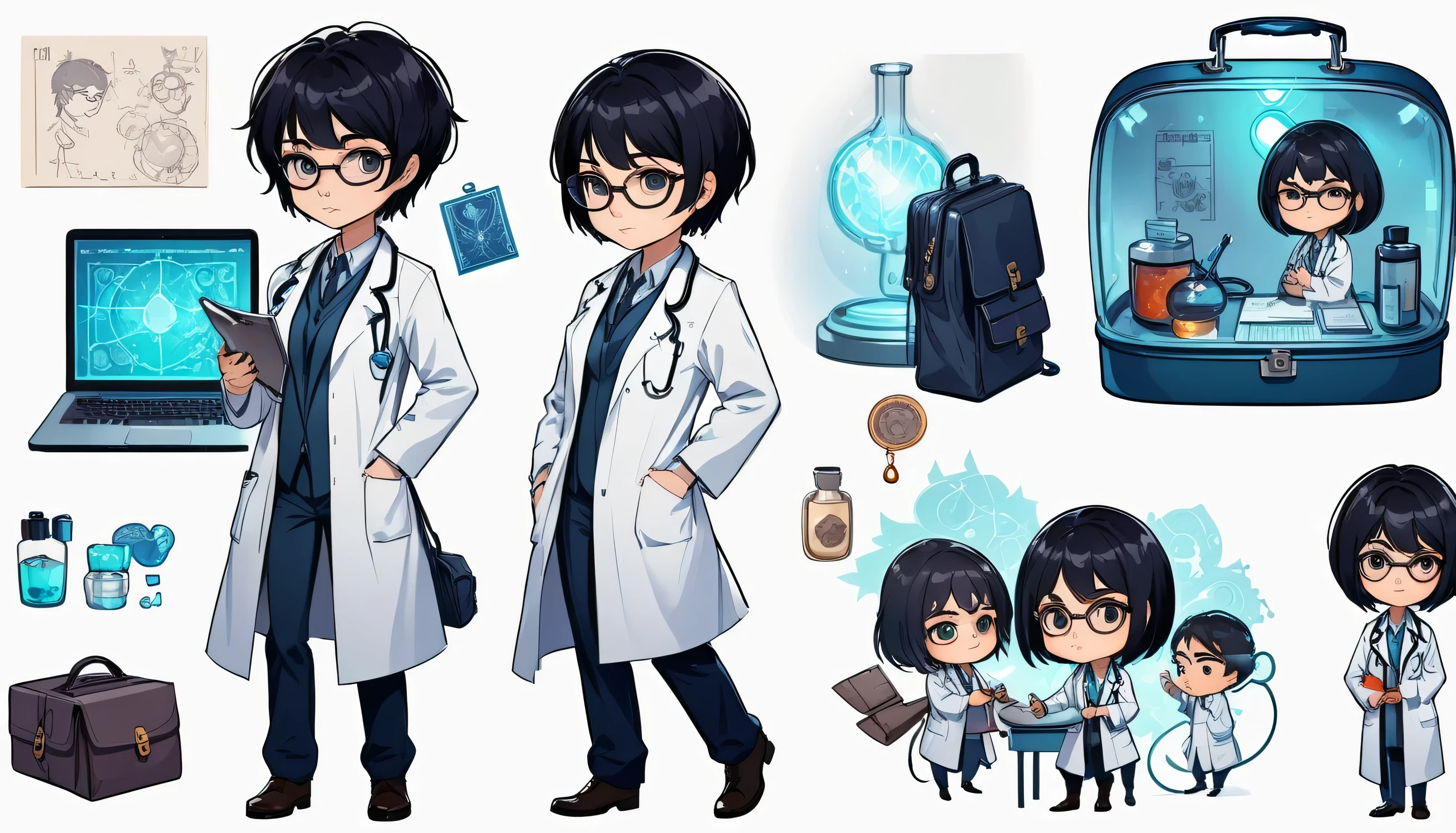 chibi style illustration magical doctor with short hair,black hair. who wore glasses, man and a lab coat, putting her hand into her bag, detailed   character sheet, multiple poses, multiple angles line stamps, 40 divisions, funny , various poses and expressions