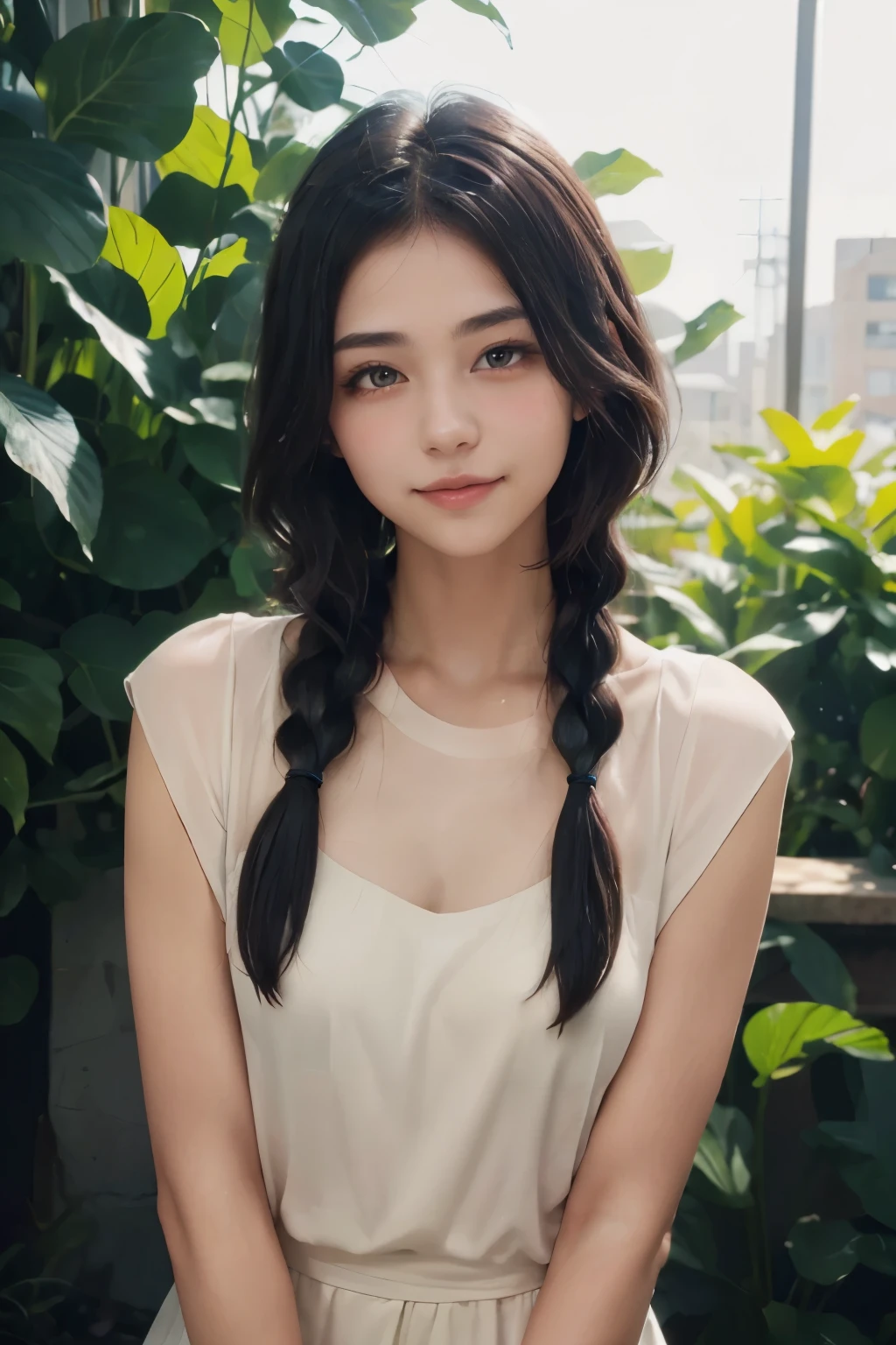 masterpiece, bestquality, 32kwallpaper, ultradetailed,ultrahighres, photography,realistic,1girl,solo,perfect hair, Blackhair, Sidebraid, BREAK, morningglow, pastelsky, cooltones, sunrays, softlight, peaceful atmosphere,early morning serenity,