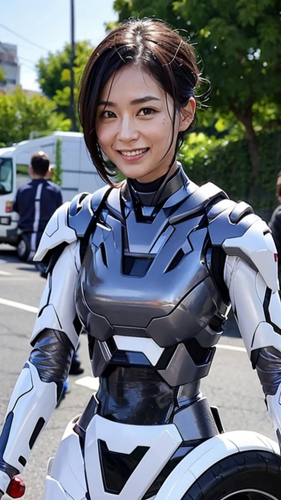 Best Quality　8k (War Machine)　Cyborg middle-aged woman　　Sweaty face　　short hair　　Steam coming out of my head　My hair is wet with sweat　Black Hair　　Full body portrait　Only the face is exposed　smile　