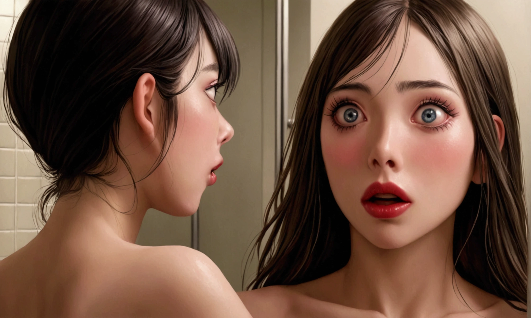 a woman in a bathroom, surprised, with film crew and naked lesbians, Japanese practical joke, birthday prank, beautiful detailed eyes, beautiful detailed lips, extremely detailed eyes and face, long eyelashes, 1 woman, realistic, photorealistic, photo-realistic, high quality, masterpiece, ultra-detailed, vivid colors, dramatic lighting, horror, comedy