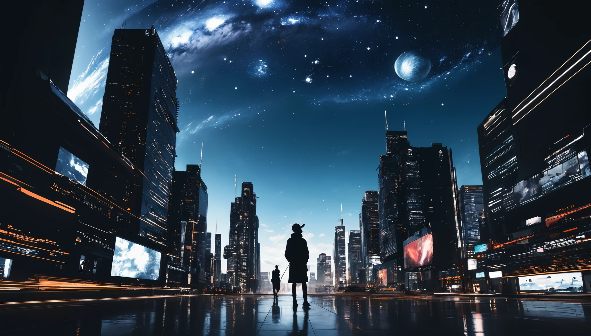 High contrast and minimalism、Huge antenna、In minimalist street photography art style、Hyperrealistic photo of silhouettes among cool postmodern architecture、Architect,Cosmos、Western art、Western Digital Art、(base)、Double Exposure、Detailed face、whole body、4K、4K detailed digital art、Extremely detailed in 4K,8K amazing artwork、