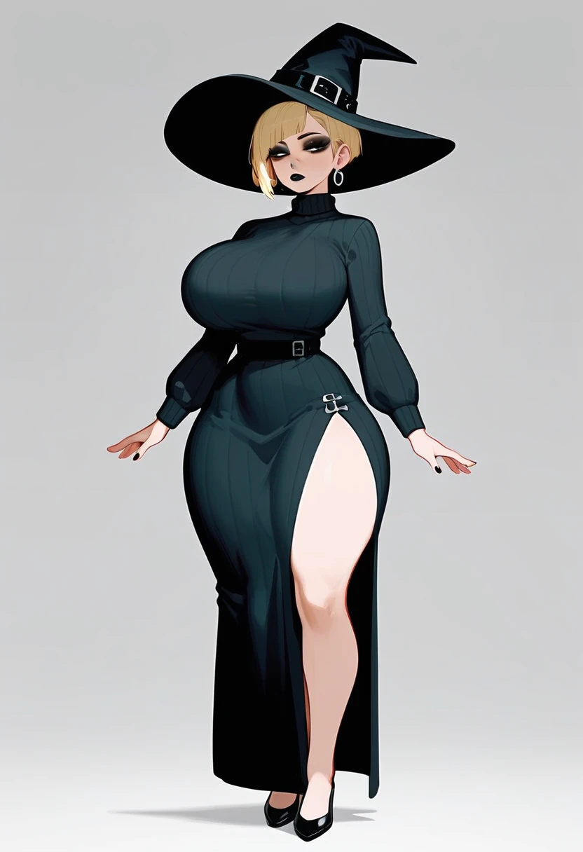 pale woman, short pixie cut blonde hair, some hair on the back of her head, big earring, half lidded eyes, looking straight ahead, black eyeshadow, black lipstick, huge breasts, very busty, wearing a long sleeved black sweater, long black sweater, witch hat, expressionless, wide hips, thick thighs, very long skirt, long black skirt, thick legs, wearing flats shoes, black footwear, slip on flats,  full body shown, standing, roommate, 8k quality, detailed eyes, beautiful eyesight 