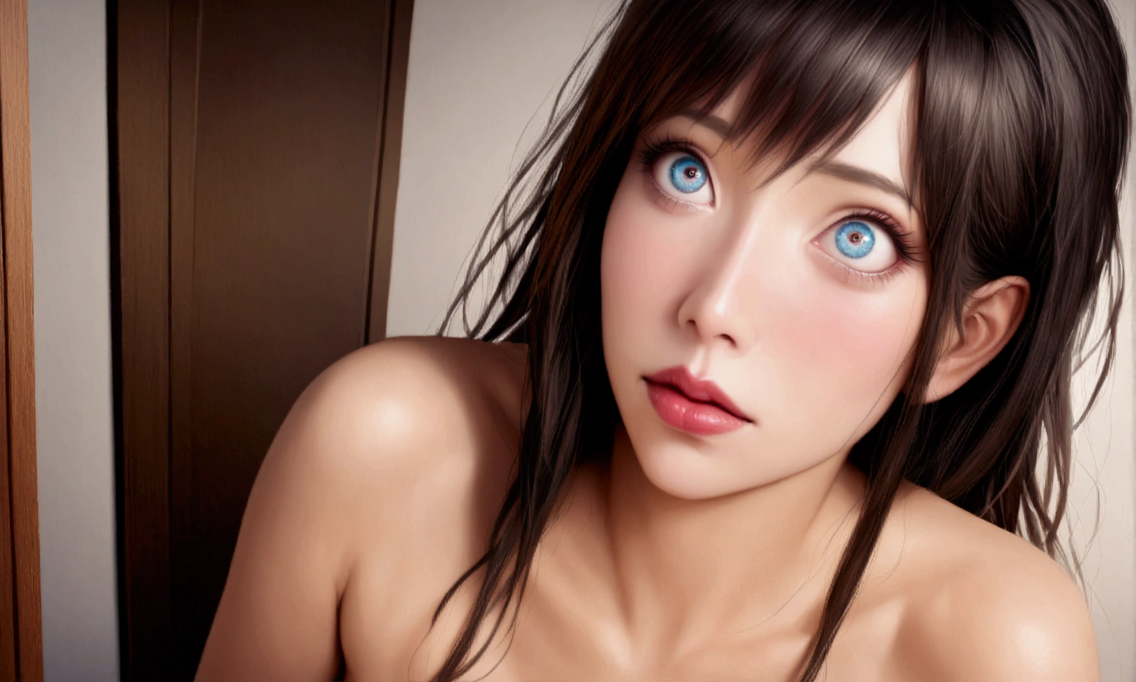 Obra-prima, alta resolução, pose de modelo sexy, alta qualidade, rosto detalhado, Detailed view of the body, dedos detalhados, beautiful hands, 1girl, solo, Hyūga Hinata, seios grandes, seios grande, Athletic body, micro bikini, Dark lips, mamilo, olhos ultra detalhados, rosto detalhado, nariz detalhado, boca detalhado, blush, (no quarto)