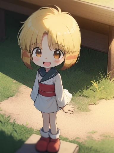 nyannyan, 1girl, solo, blonde hair,  open mouth, brown eyes, short hair, multicolored hair, blush, child, masterpiece, best quality, very aesthetic, absurdres, 1girl, smile, looking at viewer, open mouth, blush, eyebrows visible through hair, :d, standing by self, embarrassed, white legwear, smile, looking at viewer, standing by self, (flat chest, l body, HDR, uhd, front shot, public park, Desert, Lotus, Pokémon, White Wolf, Colorful Gradient, Clay Animation, Goldfish, Band, Foam