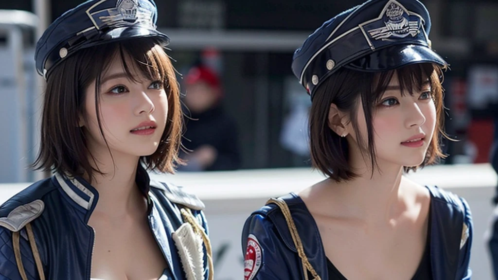 a racequeen girl on racing track, beautiful eyes, beautiful lips, smiling (0.2), cool pose, golden short hair, nice figure, cleavage, (colossal :1.5), under, race queen, cropped jacket, high leg bikini, micro shorts, thigh boots, peaked cap, (RAW photos, top quality, realistic, photorealistic: 1.3, professional lighting, masterpiece, very delicate and beautiful, highly detailed, CG, unity, fine details, highly detailed 8k wallpaper, huge file size, super detail, high resolution) 