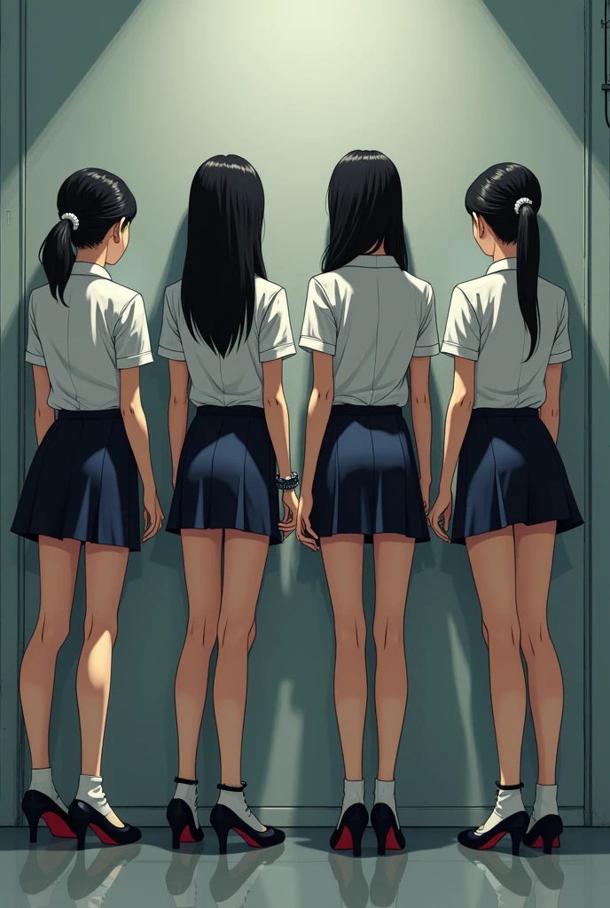 Police raid girls' school, four schoolgirls stand in a row against a wall facing the wall with their legs apart, two in handcuffs behind their backs, the other two hold their hands behind their heads, dressed in a school uniform of a tight blouse, short skirt, translucent stockings above the knee and high heels, anime