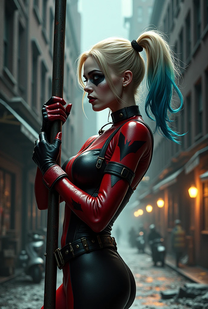 (best quality,4k,8k,highres,masterpiece:1.2),ultra-detailed,(realistic,photorealistic,photo-realistic:1.37), harley quinn, a sexy girl with a big hair who has vibrant red and blue colored hair, big breasts, big butt, slim legs, wearing joker makeup with exaggerated, crazy expression. She is holding a bat and a weapon, surrounded by swirling smoke effects. The scene is set in a dark background, reminiscent of Gotham City. The colors in the image are bright and vivid, resembling those in a comic book. --auto --s2