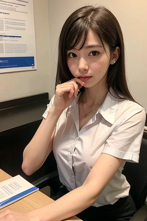 Browsing Caution, masterpiece, (Highest quality:1.2), (Sharp focus:1.2),, 1 girl, Slim girl,, (blonde|Light_Hair), Cat ear,, Detailed face, young|Cute Face, blush, Wicked Smile,, Natural , Thin arms,, White collared shirt and black tie, Black choker,, In a modern office, indoor