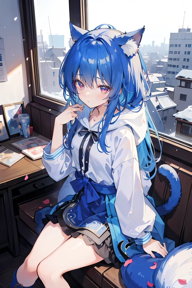 Anime girl with blue hair sitting on a bench in front of a window ...