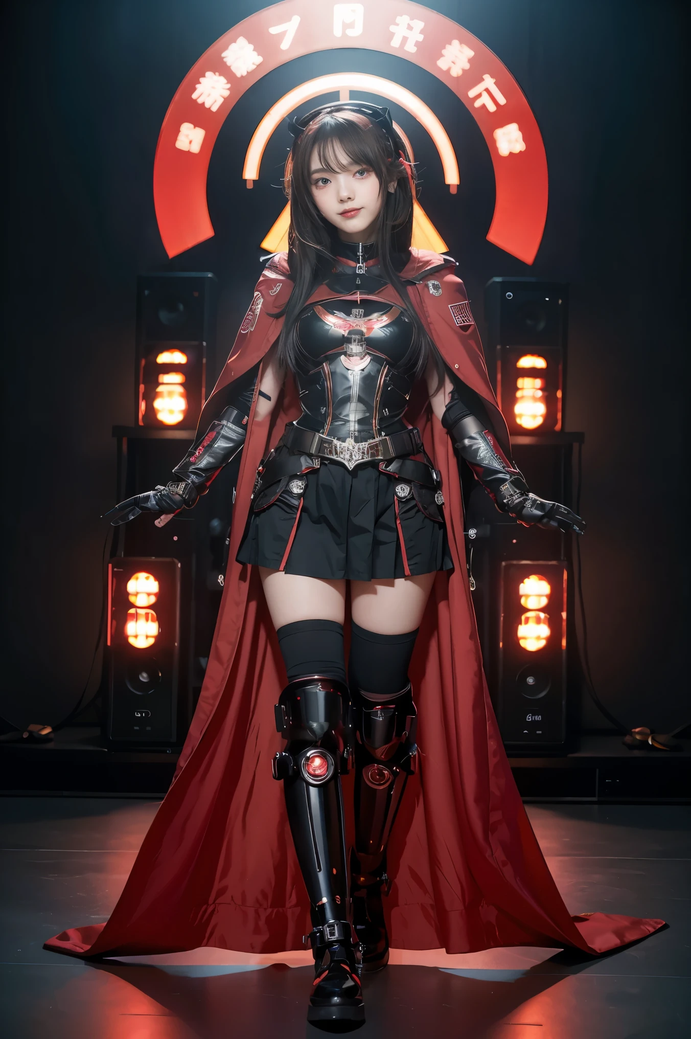 The picture shows a (cute) Adeptus Mechanicus girl. Her gaze is penetrating, and her face is hidden under a mask with monitors and LEDs. Graceful mechanical limbs complete her elegant appearance, and her outfit emphasizes her strength and uniqueness in the world of technology, big head, cute girl, red cloak , laughing, (((chibi)), ful body, full legth,  