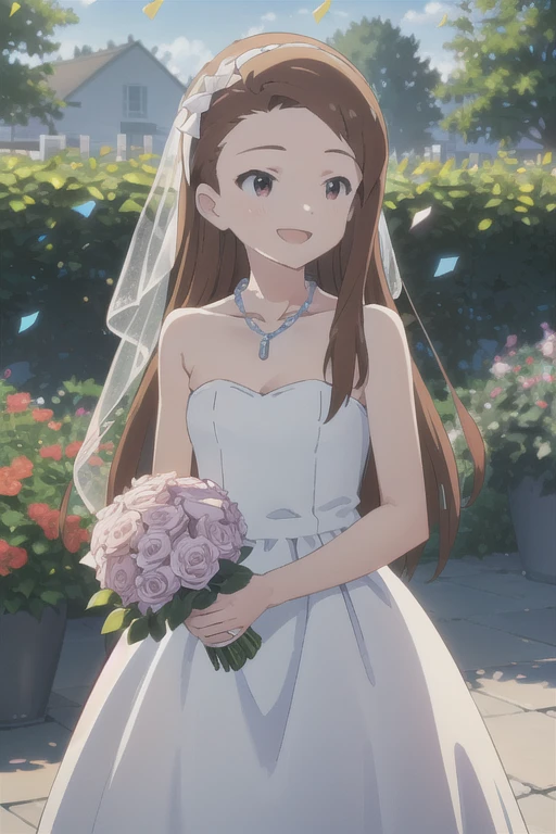 (((Pixel Perfect, Details - Perfect))), Alone, One girl, iori minase, Hair Ribbon, wedding dress, Strapless, necklace, White Dress, garden, standing, Cowboy Shot, Holding a bouquet, Open your mouth, smile, Confetti, nature, blue sky , Stuffed rabbit,, smile, :d