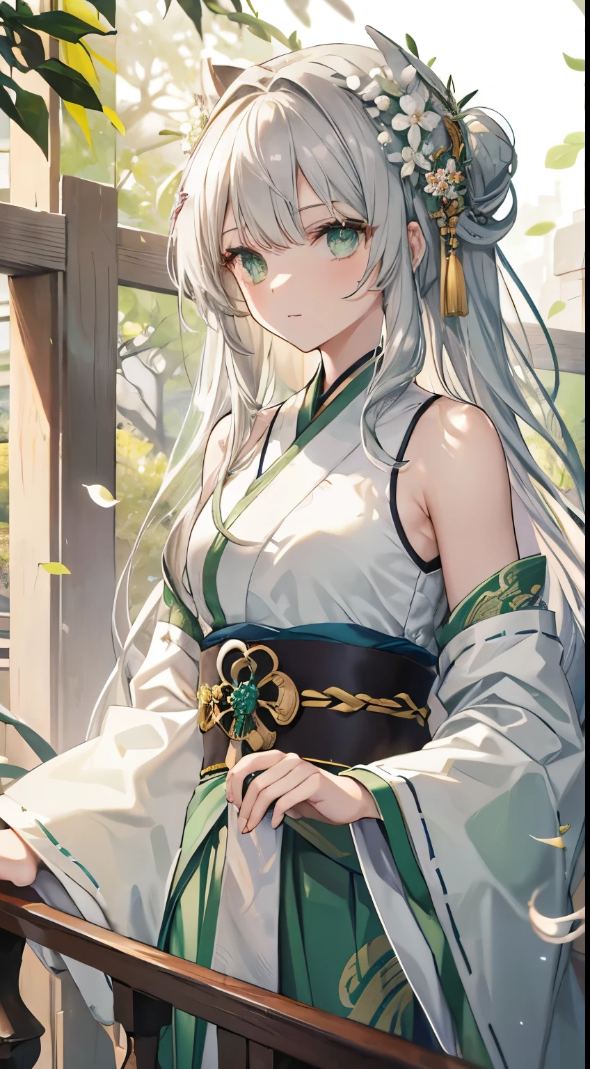 Silver hair，Green eyes，Ancient hair accessories，Long hair，Green Hanfu long skirt，Brown petals，Queen&#39;s dress，Medium chest，Step trainer（Three Kingdoms），Large Breasts，Palace Background