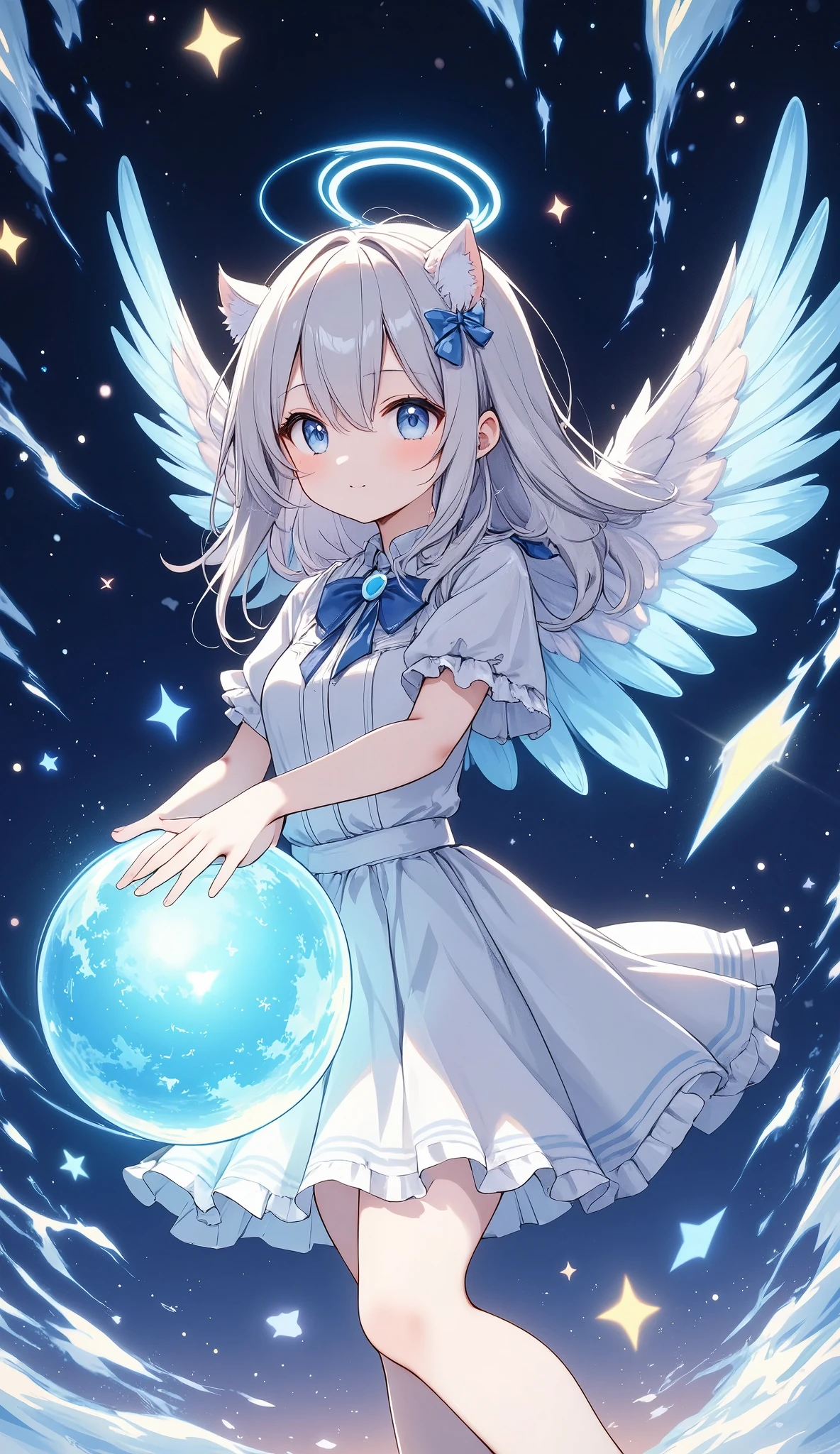 Light lines and light colors、A wide cosmic background、Embrace the Earth with both hands、Cute angel、Spreading white wings,Animal ears