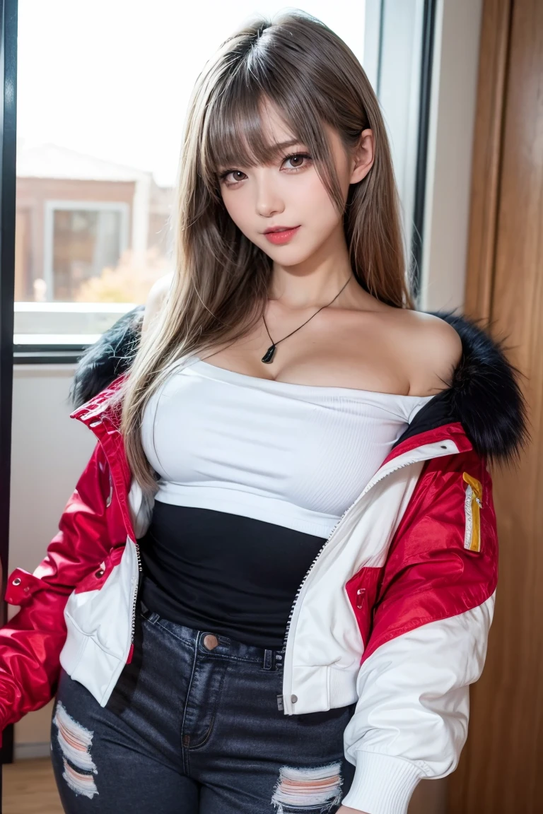 (masterpiece), (best quality), (ultra detailed),(illustration), (1girl),looking at viewer, (interview),beautiful detailed eyes, delicate beautiful face, Floating,(high saturation),(shining), large breast, frimadef, grey hair, white shirt, red jacket, fur trim, open clothes, off shoulder, black pants, torn pants, necklace, sleep mask, smiled