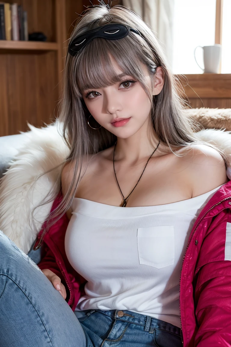 (masterpiece), (best quality), (ultra detailed),(illustration), (1girl),looking at viewer, (interview),beautiful detailed eyes, delicate beautiful face, Floating,(high saturation),(shining), large breast, frimadef, grey hair, white shirt, red jacket, fur trim, open clothes, off shoulder, black pants, torn pants, necklace, sleep mask, smiled