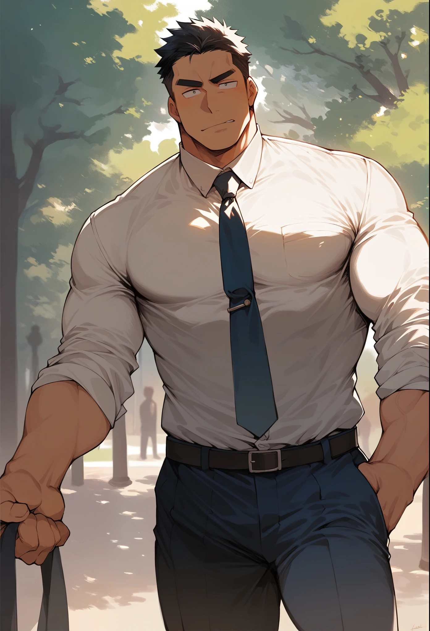 Takeda-senpai, black hair, Japanese, muscular, dress shirt, tie, slacks, solo, park