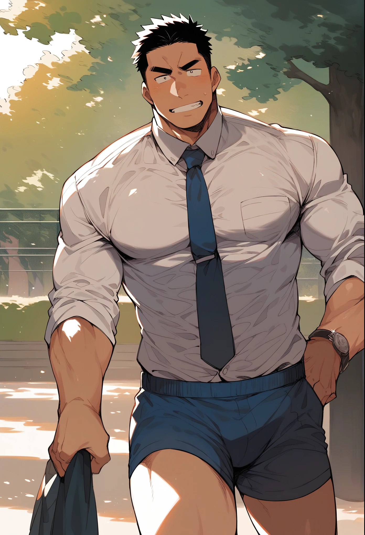 Takeda-senpai, black hair, Japanese, muscular, solo, park, dress shirt, tie, boxer shorts