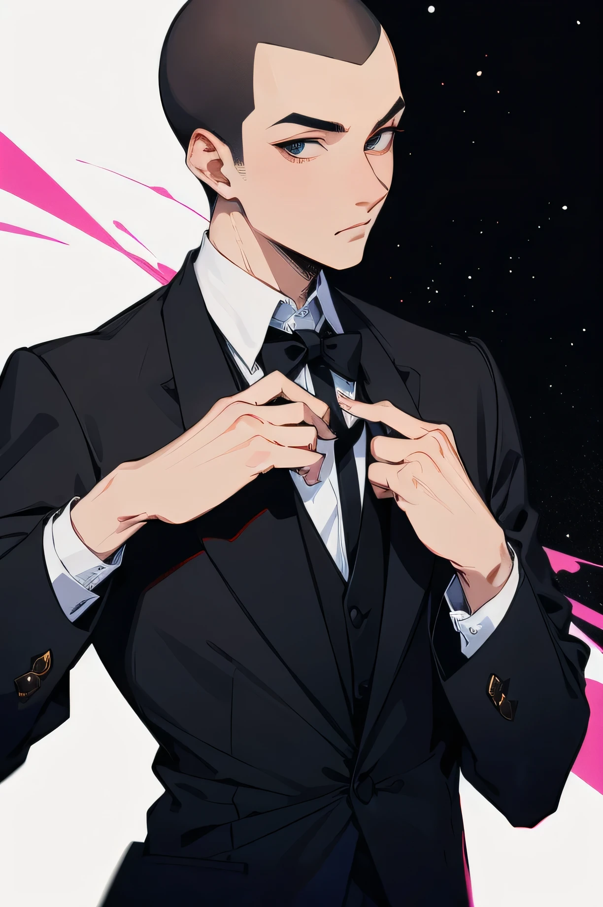 Japanese Handsome Short cut Shaved head Black Hair male Black Tuxedo formal Upper Body Background Universe Short cut Shaved head