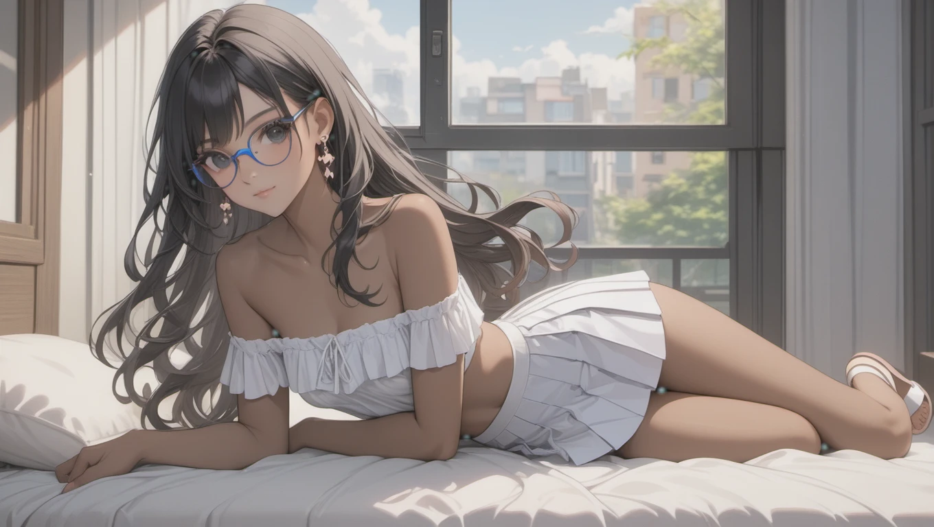 (((Adult woman)): (white pleated miniskirt, pink lace strapless cropped, black eyes, ((brown skin)), dark skin, showing the whole body, ((black hair, long wavy hair)), trans flag colors(white, blue, pink),(High heel sandals ). Closed mouth )); full body shot, cute smile ((lying on bed)), bedroom background. High quality. 4k, 8k, many details. Masterpiece, accurate, anatomically correct, posing, detailed background, better quality, original work Focus on details, Front view, earrings,  wind blowing through window, eye glasses, cute makeup 