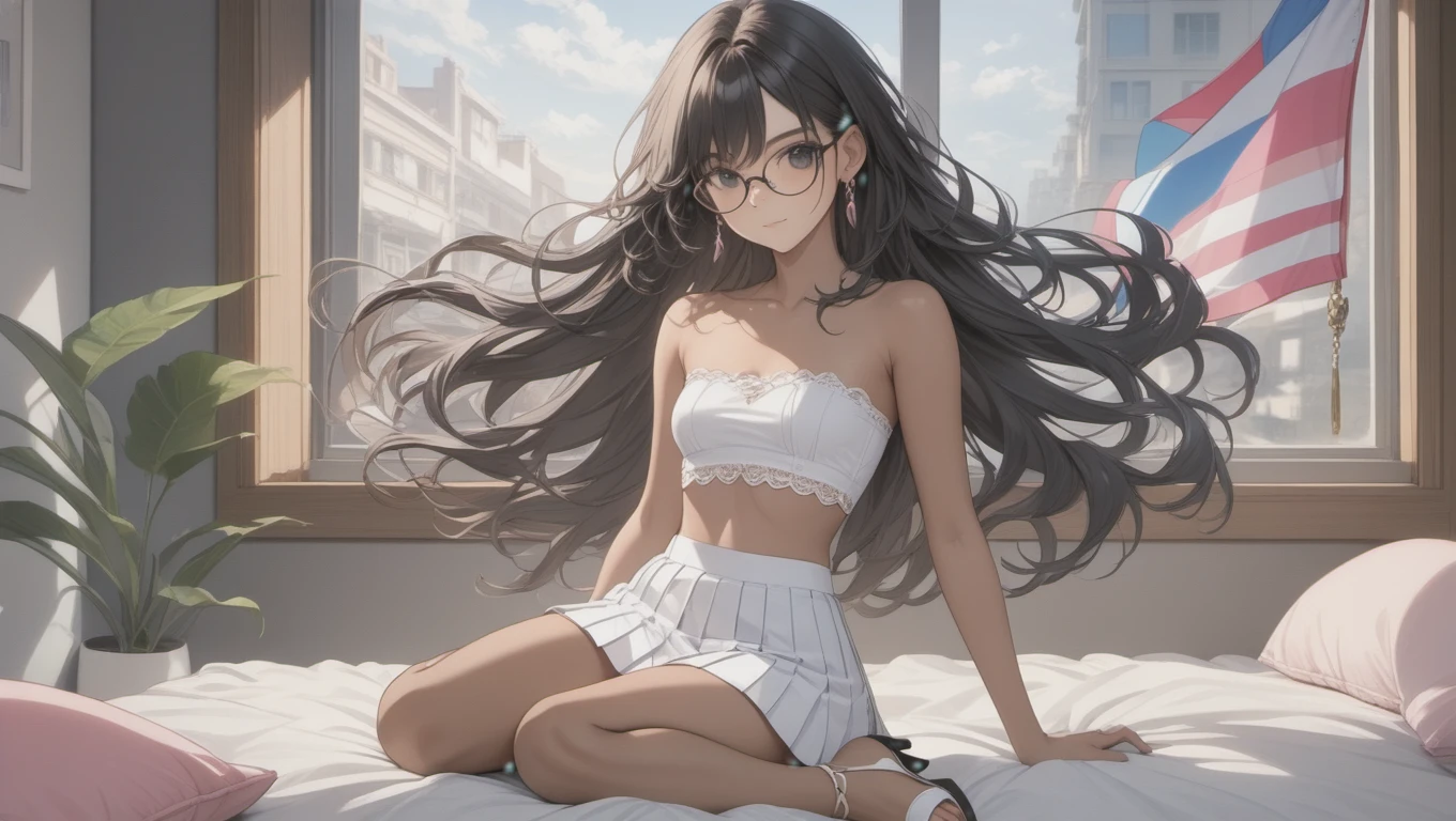 (((Adult woman)): (white pleated miniskirt, pink lace strapless cropped, black eyes, ((brown skin)), dark skin, showing the whole body, ((black hair, long wavy hair)), trans flag colors(white, blue, pink),(High heel sandals ). Closed mouth )); full body shot, cute smile ((lying on bed)), bedroom background. High quality. 4k, 8k, many details. Masterpiece, accurate, anatomically correct, posing, detailed background, better quality, original work Focus on details, Front view, earrings,  wind blowing through window, eye glasses, cute makeup 