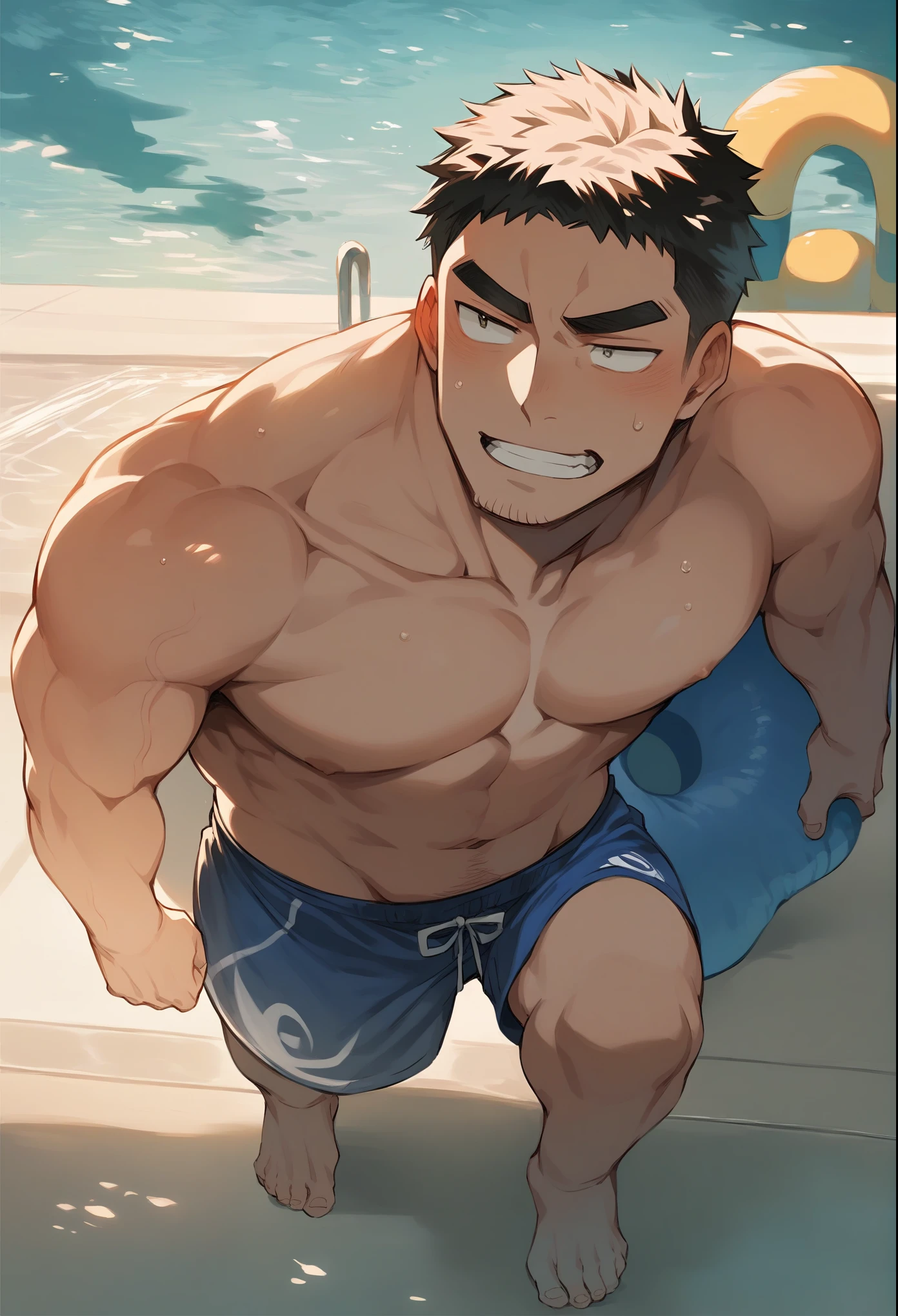 Takeda-senpai, muscular, black hair, full body, solo, Swimsuit trunks, pool