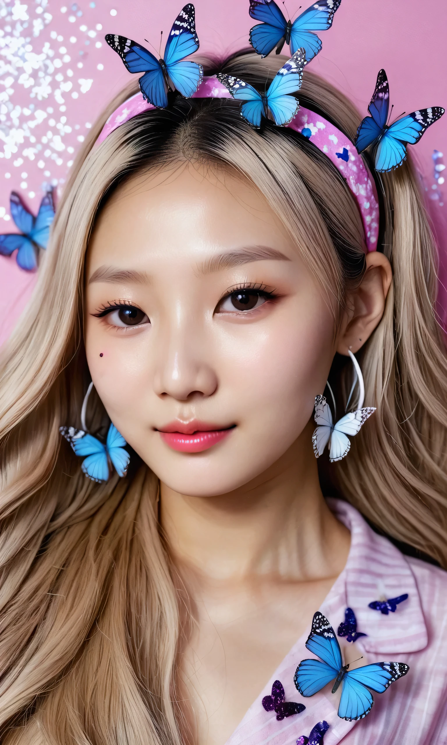 Beautiful Korean woman with long blonde hair, on her head there is a sticker of several small transparent white butterflies combined with purple and blue glitter to form a headband. The woman wearing pajamas with a black and white cow pattern takes a selfie, the background of the room is pink with pink knick-knacks cute and a photo of a beautiful woman smiling on the wall.