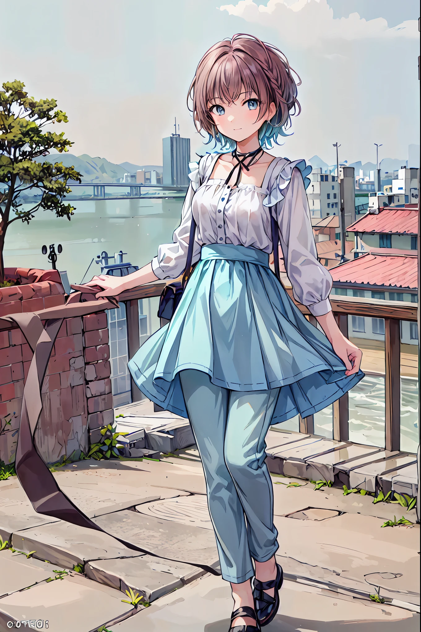 masterpiece, best quality, incredible detail, short hair, black hair, blind, shoes, loose socks, grey eyes, <lora:popoka:0.85>, popoka, (smiling), blue sundress, white sun hat, sunshine, outdoors, french countryside, looking at viewer, ahoge, cute, blushing, pale skin,