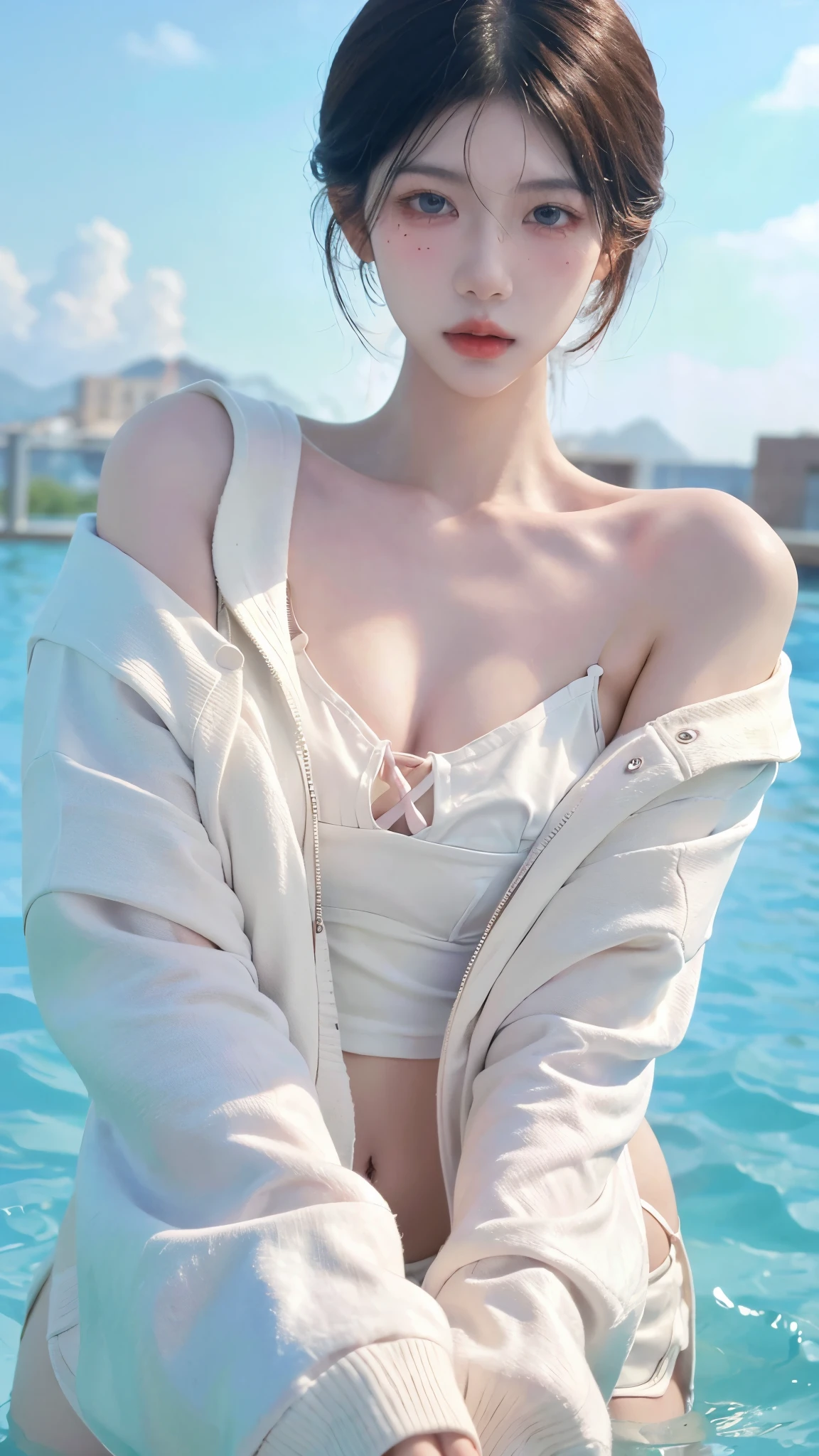 Girl in school pool，The clothes are partially soaked，Expose the whole body，The clothes are clear and detailed，Detailed beautiful face，Mature girl，Lace，Large breasts，spread their legs，lying down，Collar，Taste，Raised sexy，Dog leashes，White top collar，soaking wet，Walk away，Wide sweatshirt，eye detailed，long eyelasher，Delicate eyes