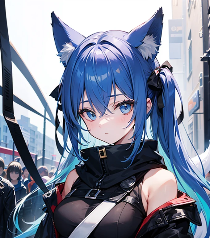 1girl, insane smile, blood in mouth Short, full body, long blue hair, blue hair top, red hair bottom chained up, blue fox ears, blue fox tail, big bust, grey eyes, grey pupils, chain on neck, chain on arms, chain on hips, chained on wall, cell, dark room, purple kimono, black shorts knee length, laying on floor, blood marks around clothing, battered clothing, digitalized, , Hedda Sterne