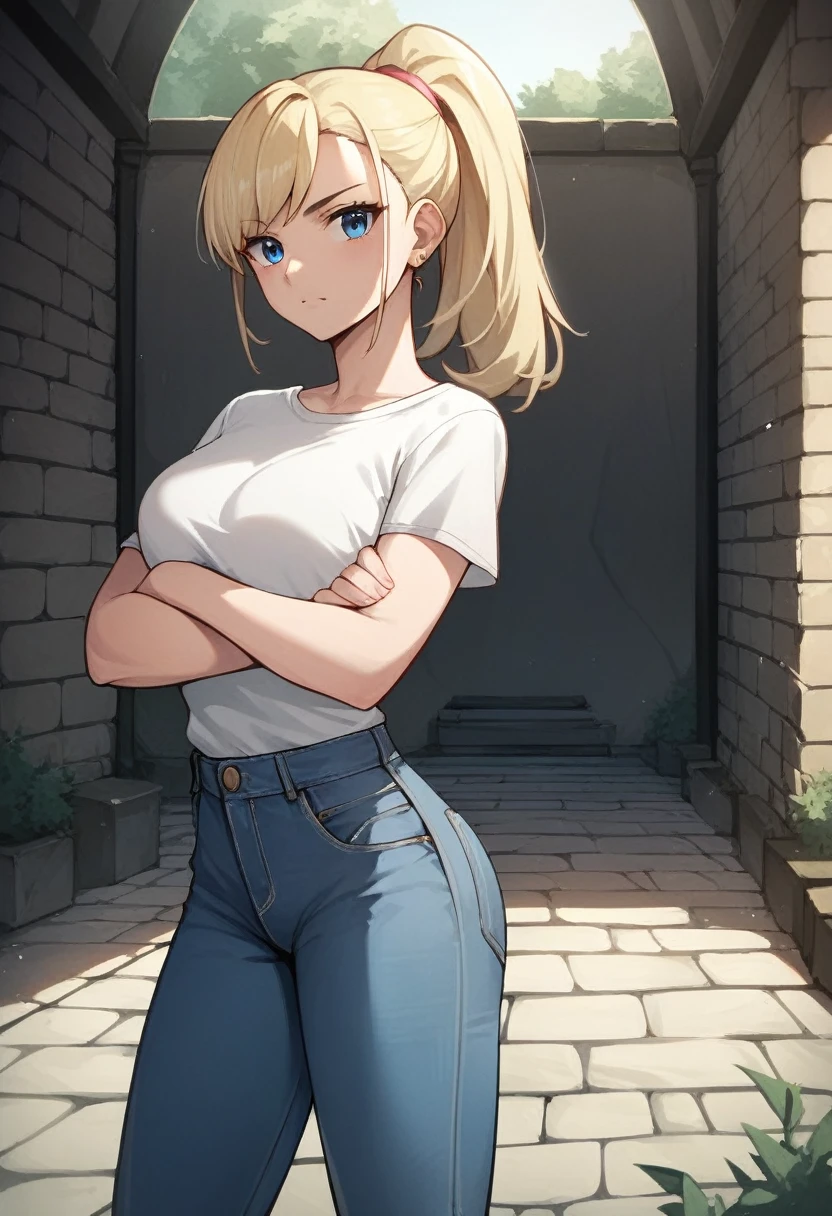 score_9, score_8_up, score_7_up, score_6_up, score_5_up, score_4_up, source_anime, 1girl, yamanaka ino, looking at viewer, light blonde hair, ponytail, blue eyes, worth, crossed arms, white shirt, jeans pants, dungeon, best quality, best res, 4K UHD,
 