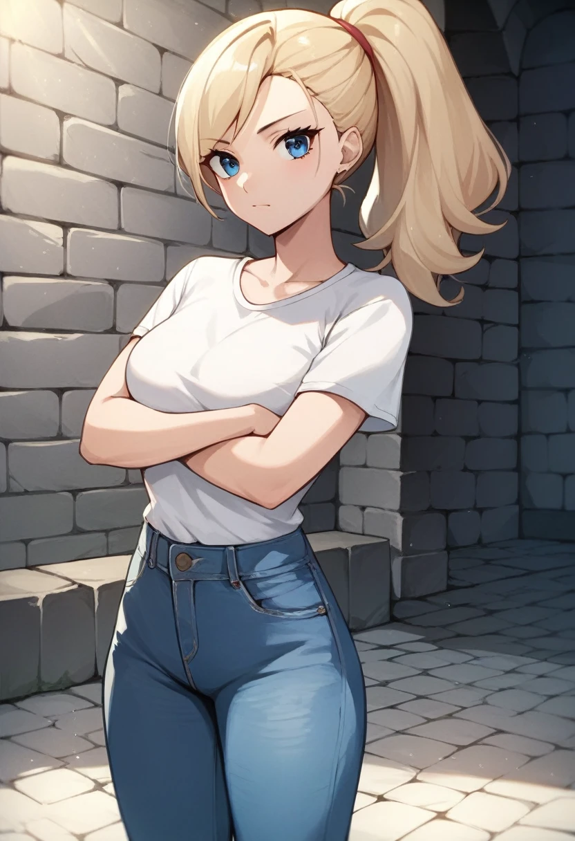 score_9, score_8_up, score_7_up, score_6_up, score_5_up, score_4_up, source_anime, 1girl, yamanaka ino, looking at viewer, light blonde hair, ponytail, blue eyes, worth, crossed arms, white shirt, jeans pants, dungeon, best quality, best res, 4K UHD,
 