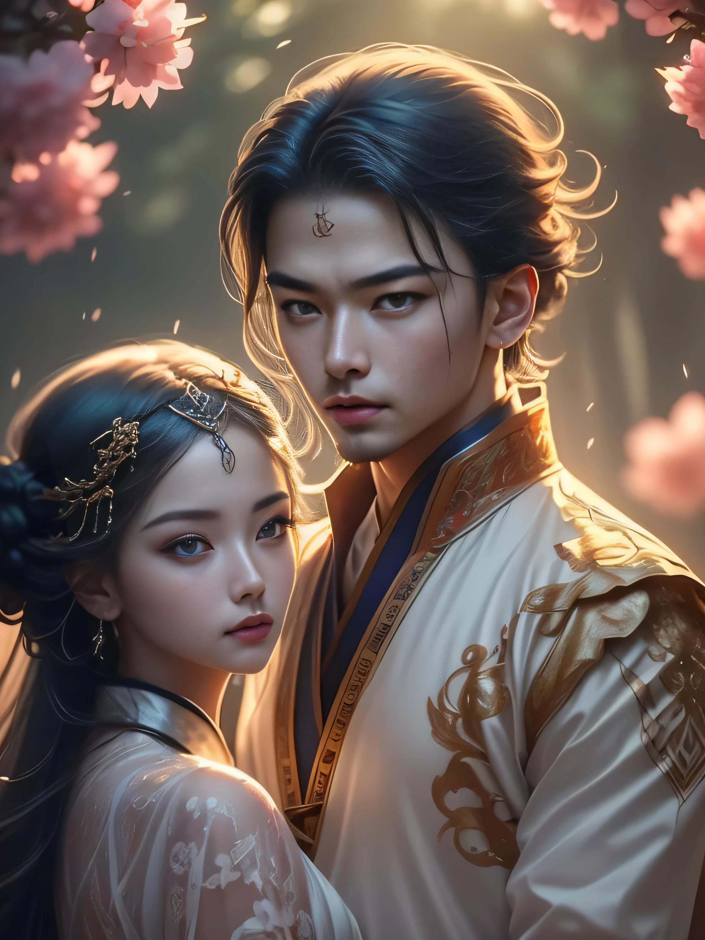 (Best Quality, Super Detail, Masterpiece, Representative Work, Official Art, Professional, Super Fine Detail, 8k:1.3), (photorealism:1.2), (Couple, Beautiful Girl and Boy), A couple in the sea of flowers, Handsome guy hugs beautiful girl from behind, Smiling and Wearing White Clothes, Delicate Hair, Chinese Beauty and Handsome Man, Wearing Ancient Chinese Clothes, Flowing Tulle, Light Silk, Create a movie poster similar to those used in Chinese romantic fantasy dramas, Correct proportions, Perfect face, perfect hands, Sweet atmosphere, Photorealistic, Sharp Focus, Dreamy Atmosphere, Delicate Details, Soft Volumetric Light, (Backlight:1.3), (Cinematic:1.2), Intricate Details, (ArtStation:1.3)
