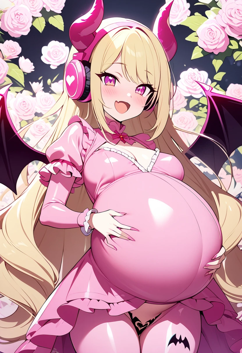 masterpiece,best quality,ultra detailed,(hyper cute anime style ultra pretty character),1 girl,blonde hair,long hair,demon horn,demon wing,open mouth,pink headphone,pink demon bodysuit,pink frilly overskirt,shiny clothes,pregnant,crotch tattoo,ecstasy happy face,flowers background,