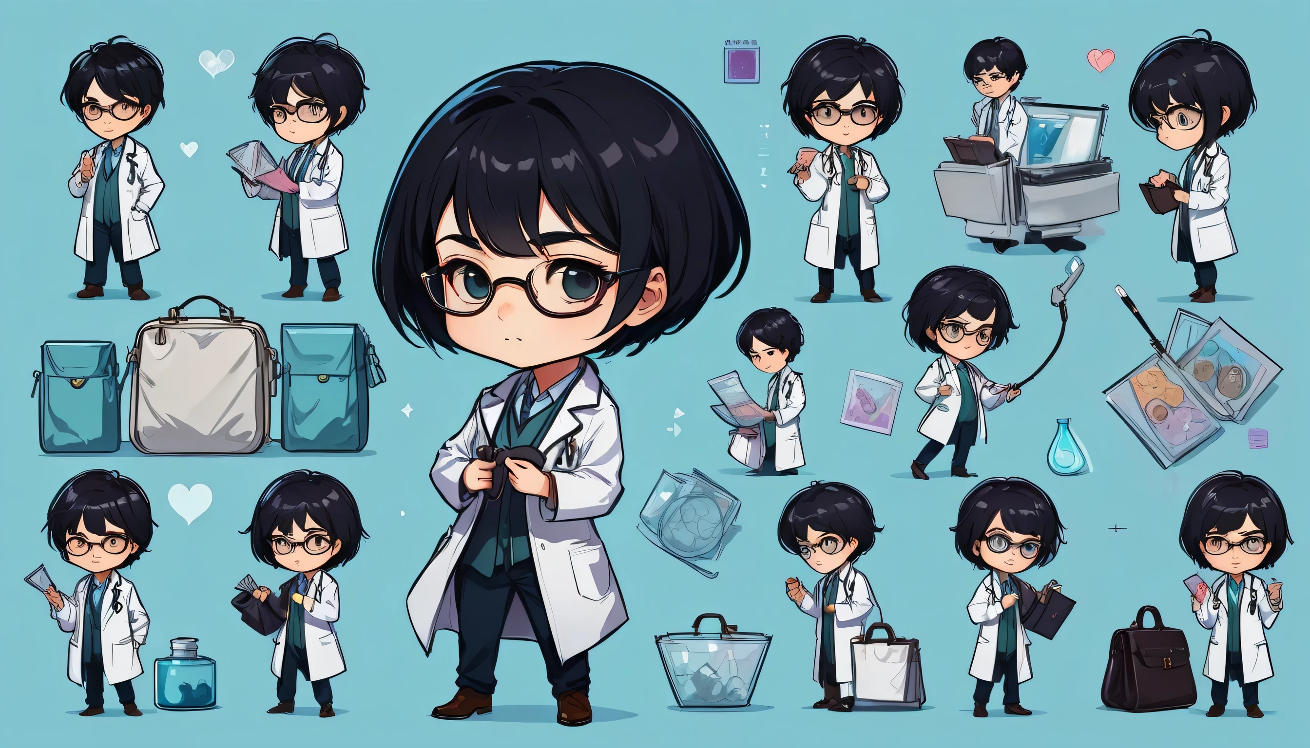 chibi style illustration magical doctor with short hair,black hair. who wore glasses, man and a lab coat, putting her hand into her bag, detailed character sheet, multiple poses, multiple angles line stamps, 40 divisions, funny , various poses and expressions