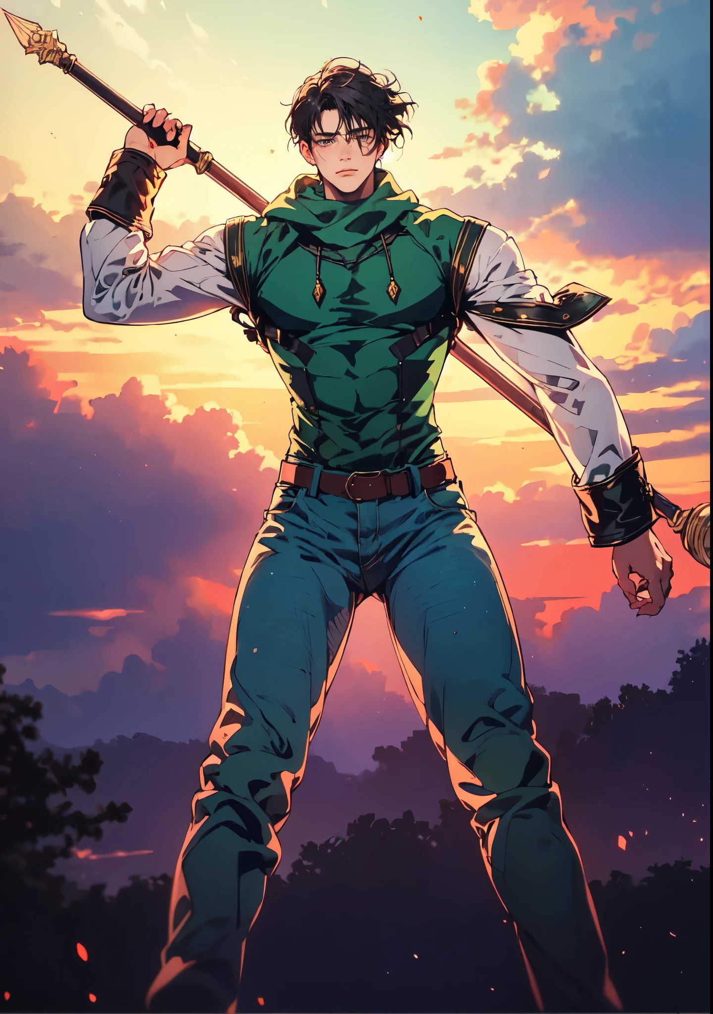 Muscular man, defined body, gold rings on all fingers, light blue colored gangster jacket, black shirt underneath jacket, long army pants of green color, military boots of brown color, evil smile, spiky orange hair, messy hair, short hair, yellow colored eyes, desert scenery with great mountains, scenery with monsters around.