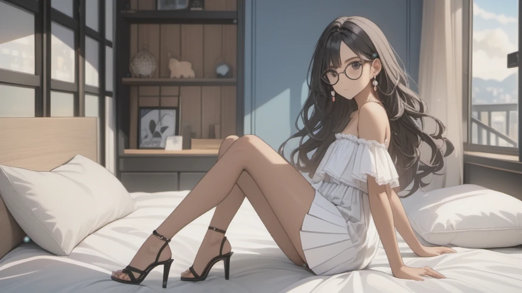 (((Adult woman)): (white pleated miniskirt, pink lace strapless cropped, black eyes, ((brown skin)), dark skin, showing the whole body, ((black hair, long wavy hair)), Dress with trans flag colors(white, blue, pink),(High heel sandals ). Closed mouth )); full body shot, cute smile ((lying on bed)), bedroom background. High quality. 4k, 8k, many details. Masterpiece, accurate, anatomically correct, posing, detailed background, better quality, original work Focus on details, Front view, earrings,  wind blowing through window, eye glasses, cute makeup 