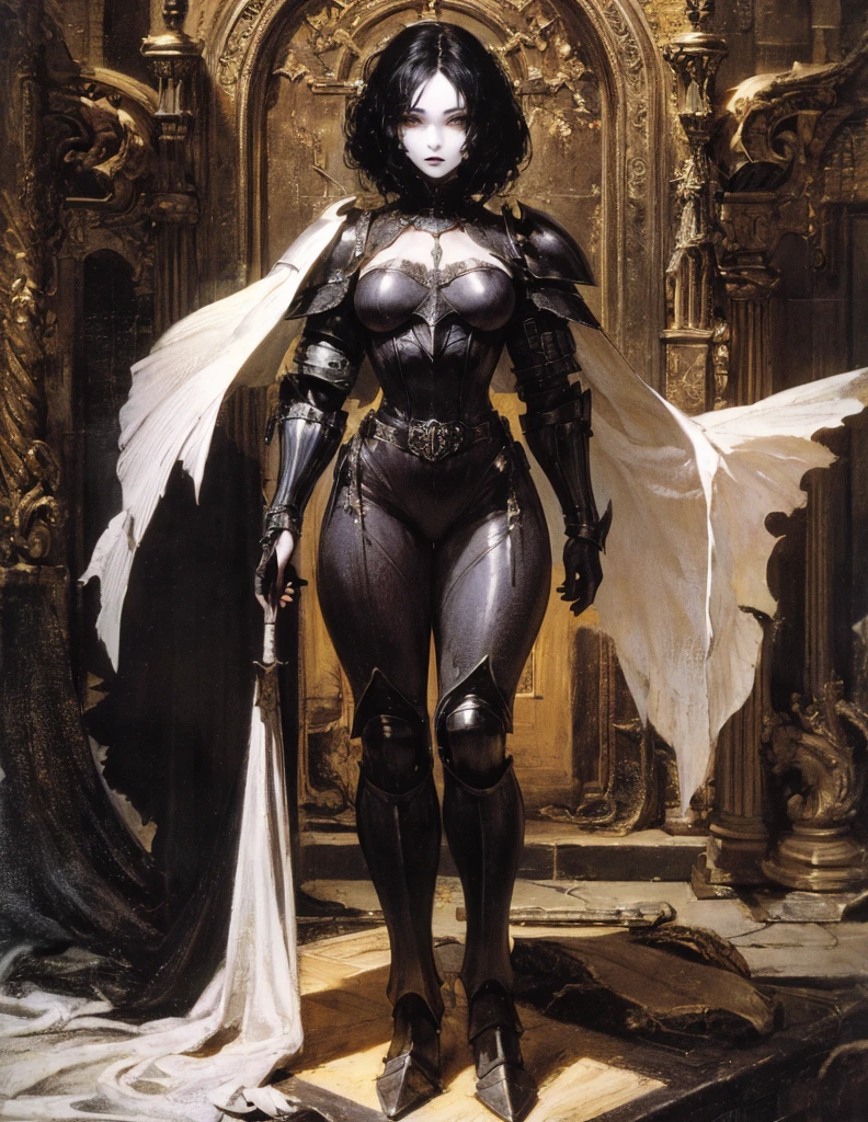 (best lighting) (best quality, masterpiece:1.2), (absurdres), 4k, (detailed eyes), (detailed face), ethereal demonic woman wearing medieval armour and bodysuit with short black hair, blunt cut bangs and ((pale white skin)). Large bat wings. Curvy. She's standing in front of an old gothic castle illuminated by a large moon over head, ((black armour)), dark, moody, ((gothic)), ((dark fantasy)), medieval