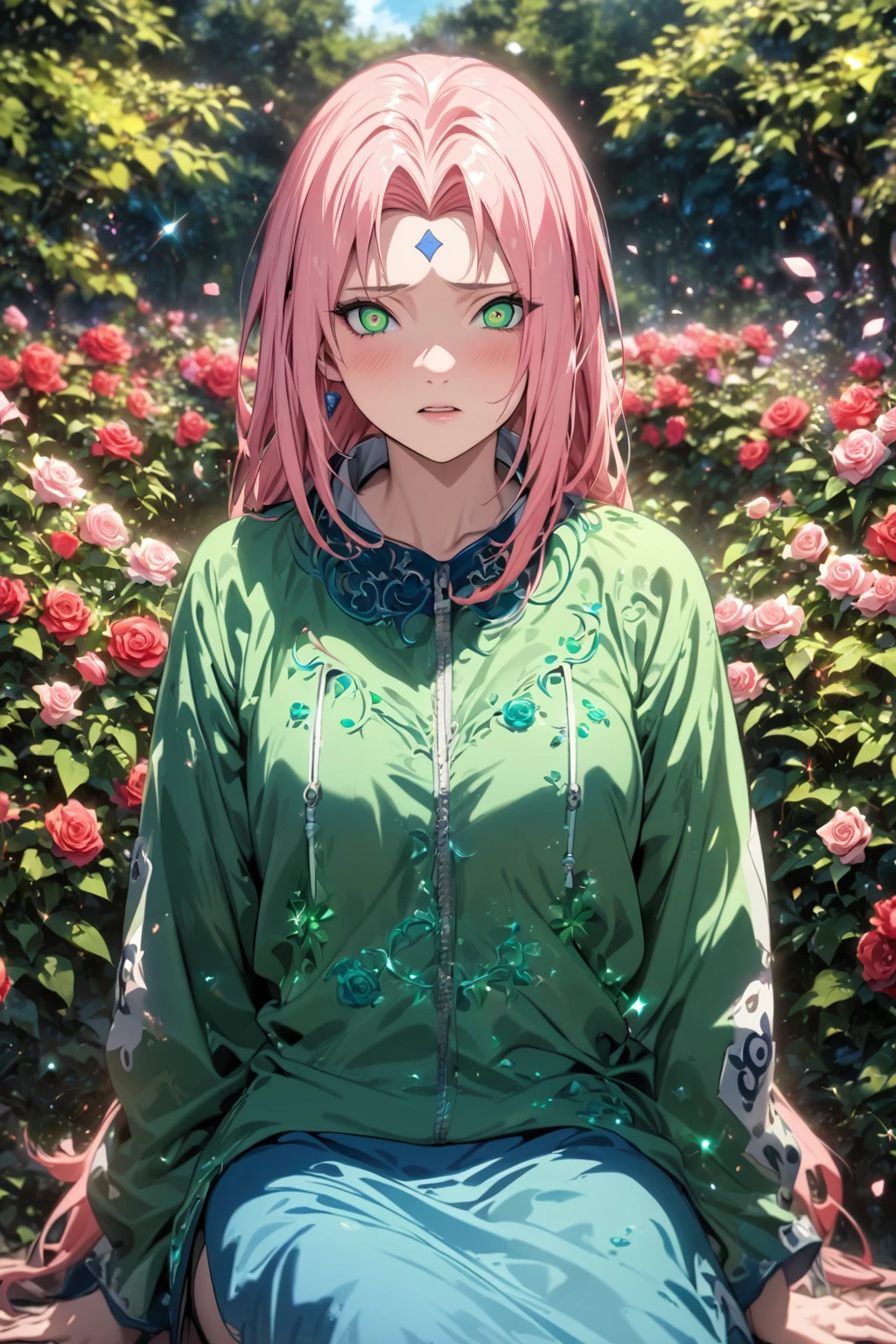 absurdres, highres, ultra detailed, HDR, master piece, detailed eyes, detailed face, Haruno Sakura, pink hair, long hair, expressive green eyes, woman sitting, best quality, Naruto Shippuden, solo, fantasy, magical, sensual, glittering, accessories, extremely beautiful, garden, roses, red clothes