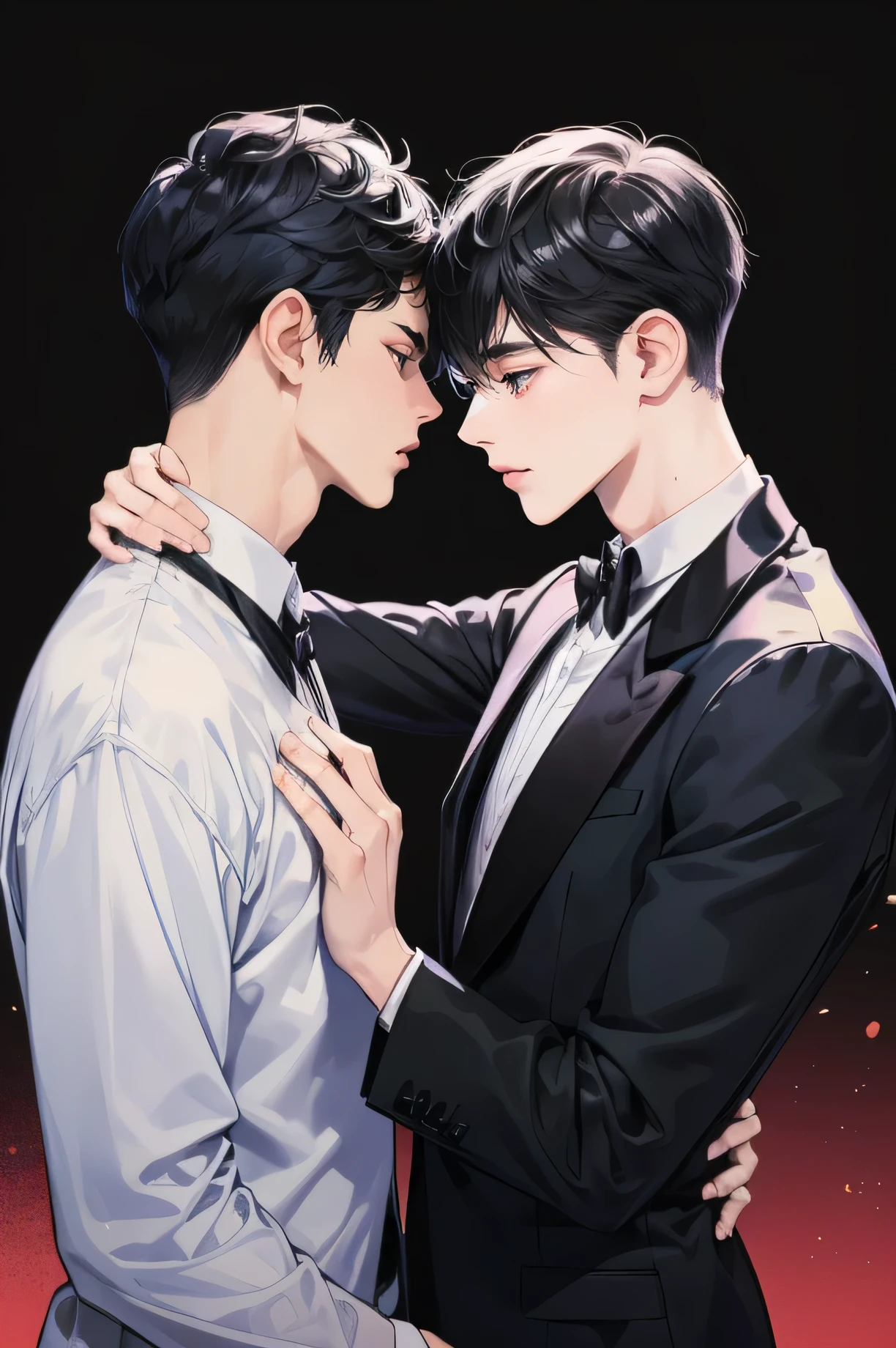 Japanese　　Handsome　Short cut　Shaved head　Black Hair　male　Black Tuxedo　formal　Upper Body　Being thin　Background Universe　Short cut　Shaved head　Men flirting with each other