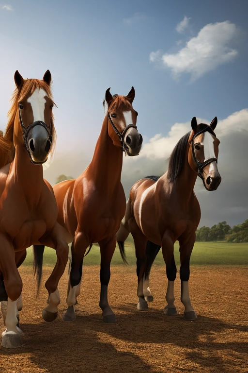 a muscular horse wearing a thick diaper,3 muscular horses wearing thick diapers posing,detailed realistic horse anatomy,photorealistic,highly detailed,4k,8k,HDR,cinematic lighting,dynamic composition