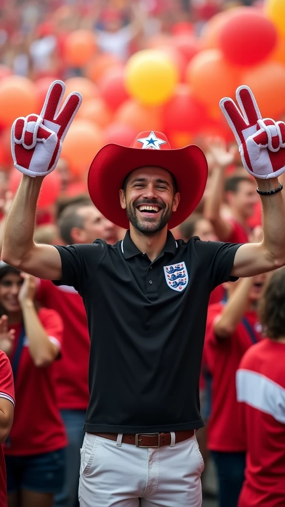 A high-resolution photograph of a man with a broad smile, wearing a red and white England-themed foam finger on each hand. He is also adorned with a large, red cowboy hat with a white star on it. He is dressed in a black polo shirt and white pants. Surrounding him is a lively crowd, with many people wearing England-themed clothing, including red and white shirts and hats. The crowd is diverse, with people of various ages and backgrounds, all cheering and waving their arms in the air. The background is filled with vibrant, colorful balloons in shades of red, orange, and yellow, adding to the festive atmosphere. The image is digitally enhanced to create a playful, exaggerated effect, emphasizing the celebratory mood and the excitement of the crowd. The overall composition and colors are bright and lively, capturing the energy and joy of a sports event or a large gathering.