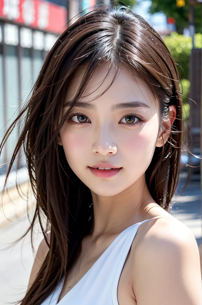 With the backdrop of Tokyo alleys、18-year-old girl、Independent、look forward to、Light eye makeup、Brown Hair Color、flat 、Hair blowing in the wind、Quality of actress、Shiny, Ultra-realistic faces、smileの表情、Teary-eyed、look up、Pleasant lighting effects、 Ultra-Realistic Capture、Very detailed、High resolution 16K human skin closeup。Skin texture must be natural、It should be detailed enough to see the pores、The skin is healthy、There must be a unified tone、Use natural light and color、High quality photos taken by modeling agencies&#39;Exclusive photographer、smile
