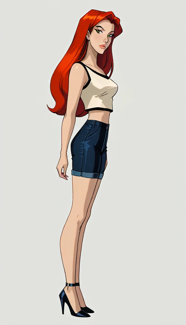 )score_9, score_8_up, score_7_up, dcaustyle, 1girl, solo, very sexy (Jean Grey, Evolution, long hair, red hair, green eyes, retro artstyle:1.3), (beautiful waifu, thicc, long legs:1.2), (wearing tight shorts and crop top, high heels:1.4) cleavage, flirt, gaze, sexy look, half-closed eyes, head tilt, filled lips, thick lips, makeup, side view, (full bodies in view) expressiveh d4rk01l, perfect hands, perfect proportions, simple background.