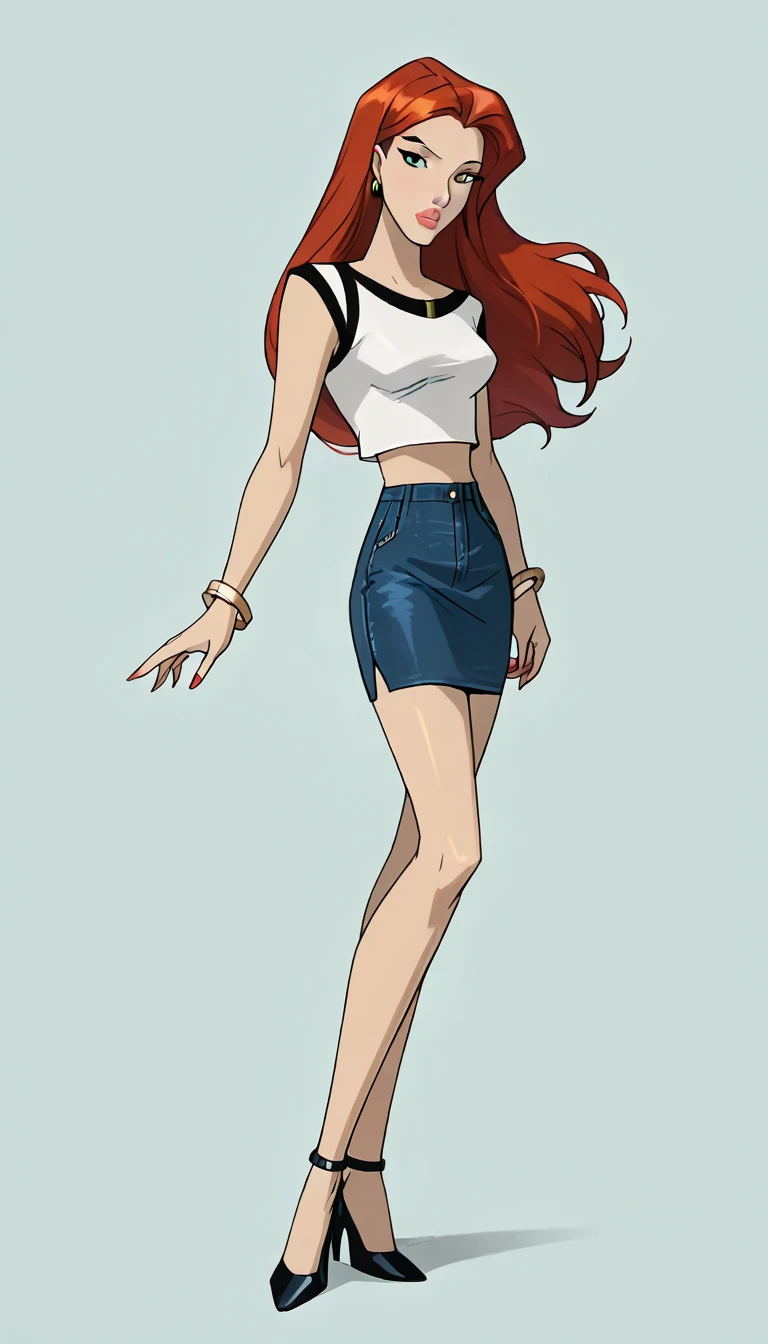 score_9, score_8_up, score_7_up, dcaustyle, 1girl, solo, very sexy (Jean Grey, Evolution, long hair, red hair, green eyes, retro artstyle:1.3), (beautiful waifu, thicc, long legs:1.2), (wearing short skirt and crop top, high heels:1.4) cleavage, flirt, gaze, sexy look, half-closed eyes, head tilt, filled lips, thick lips, makeup, side view, (full bodies in view) expressiveh d4rk01l, perfect hands, perfect proportions, simple background.