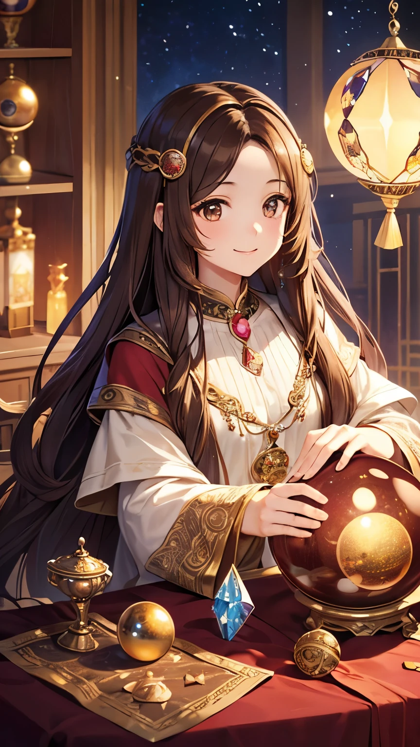 Best Quality, masterpiece, Woman with long brown hair、Beautiful Face、Strong-willed woman、fortune teller、Brown eyes、Long Hair、Small eyes、(((Have a crystal ball)))、(((House of fortune telling)))、Like the whole body、1 crystal, Cute angelic girl, Kind smiling girl